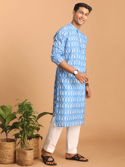 VASTRAMAY Men's Aqua Blue Ikkat Print Cotton Kurta With Pant set