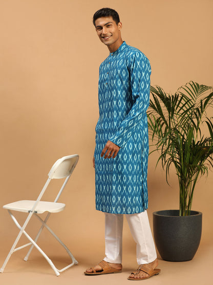 vastramay mens turquoise blue color ikkat print cotton blend kurta with white pant set