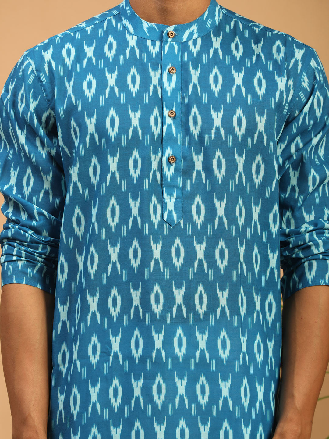 vastramay mens turquoise blue color ikkat print cotton blend kurta with white pant set