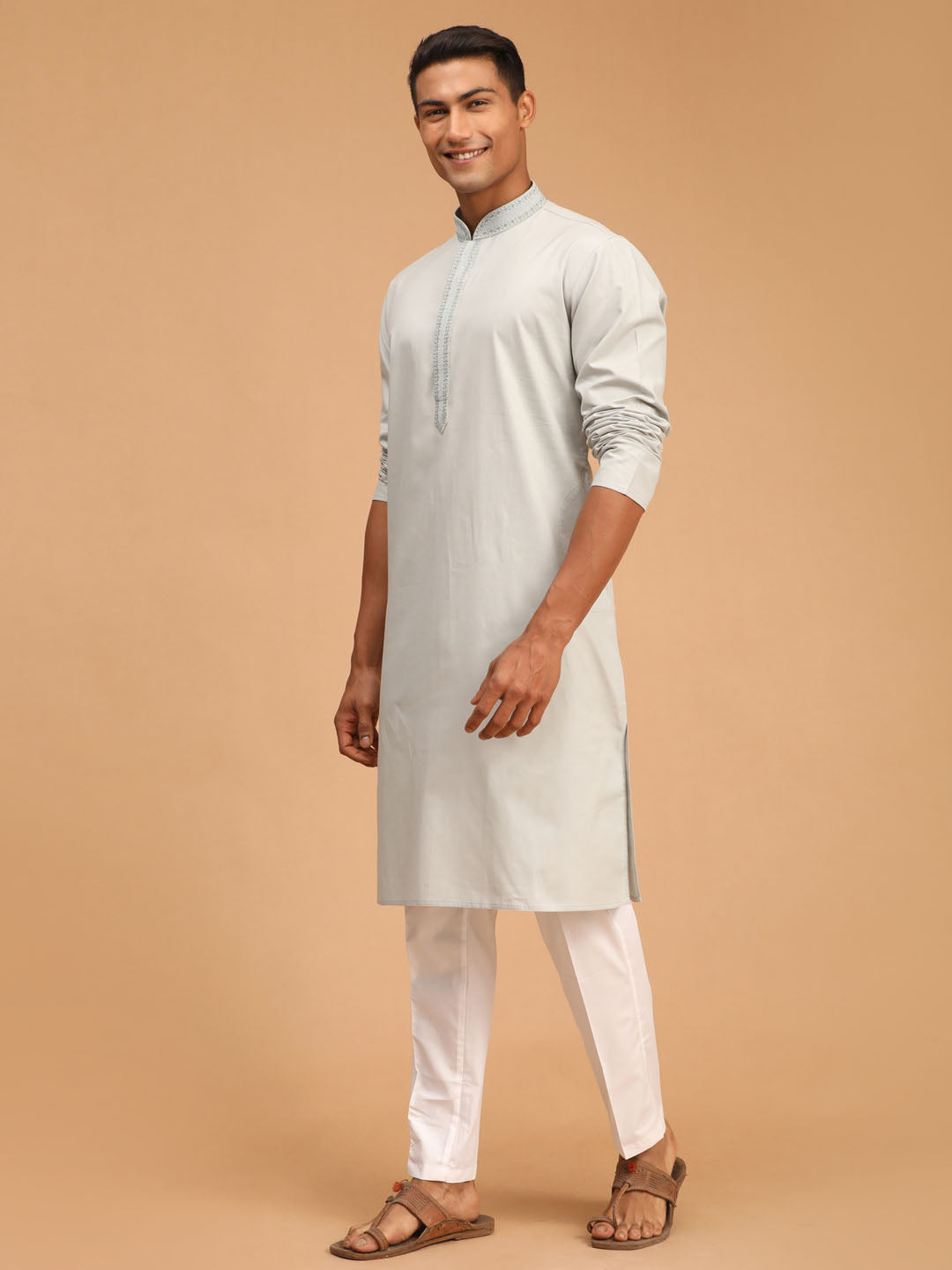 mens gray color cotton kurta and pant style pyjama set