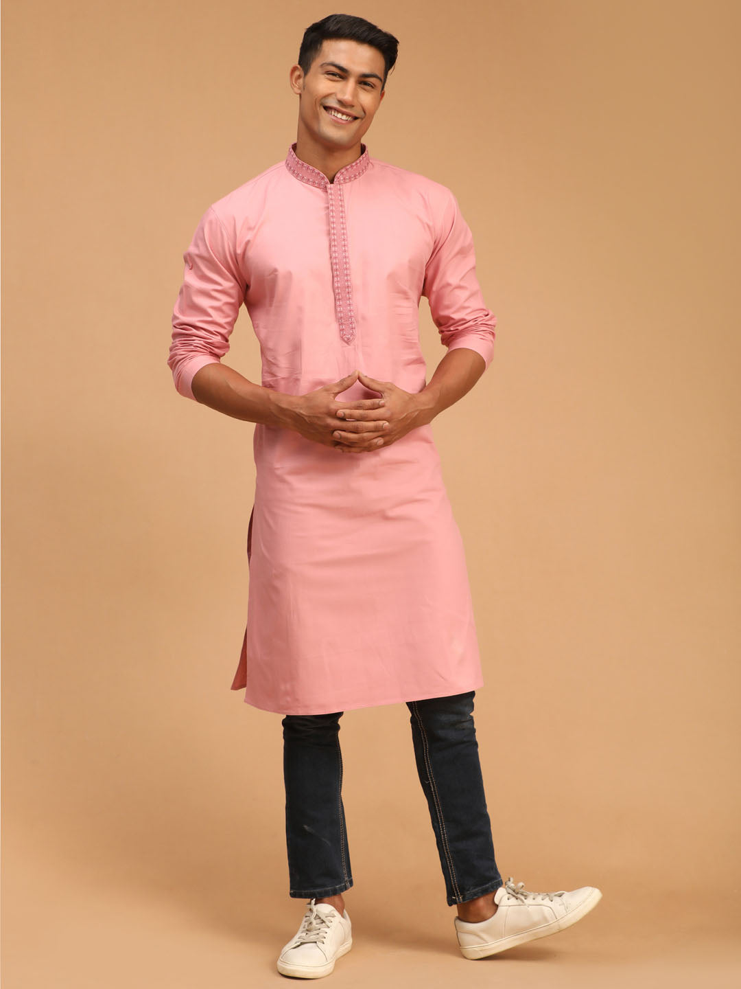 Vastramay mens pink cotton blend kurta 2