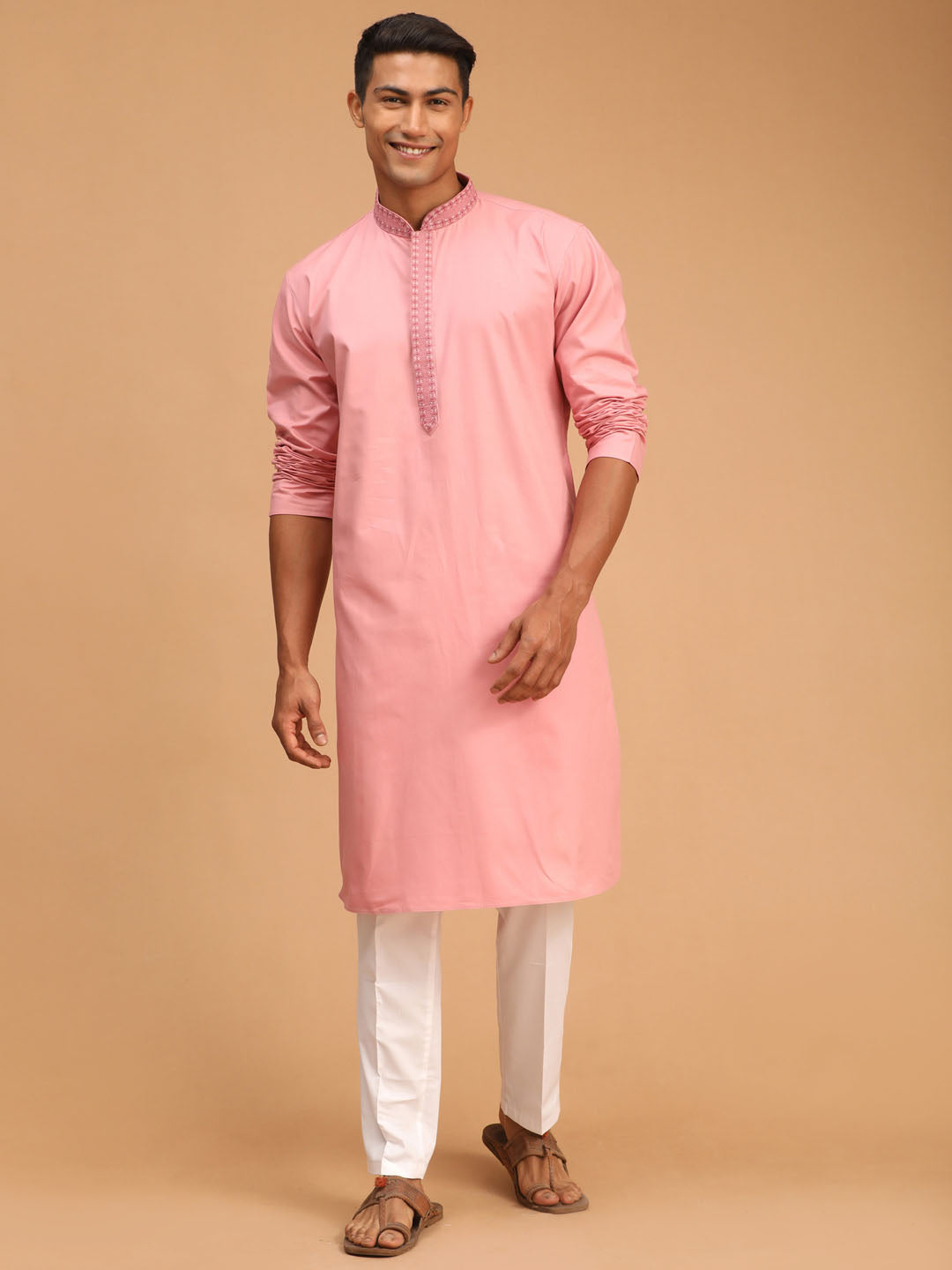 mens pink color cotton kurta and pant style pyjama set