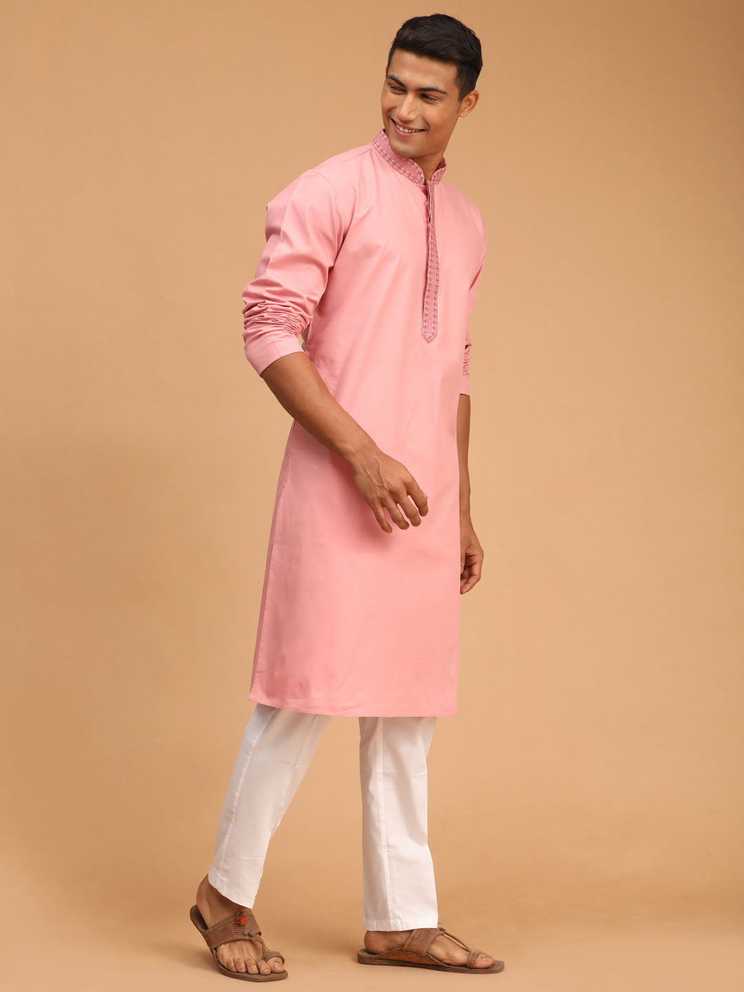 mens pink color cotton kurta and pant style pyjama set