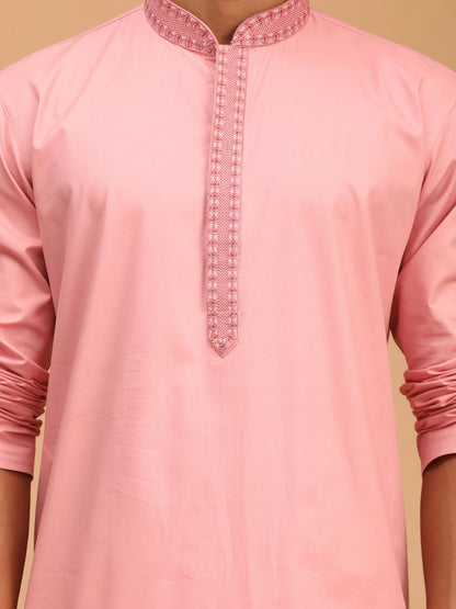 mens pink color cotton kurta and pant style pyjama set