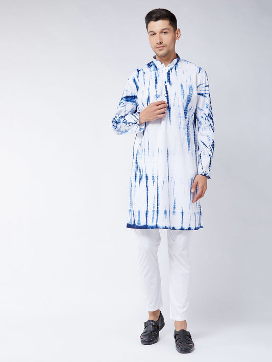 Vastramay mens blue and white color cotton tie dye kurta and solid pant style cotton pyjama set