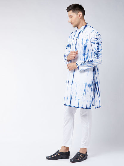 vastramay mens blue and white cotton tie dye kurta and solid pant style cotton pyjama set