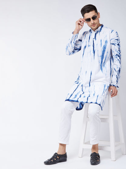 vastramay mens blue and white cotton tie dye kurta and solid pant style cotton pyjama set