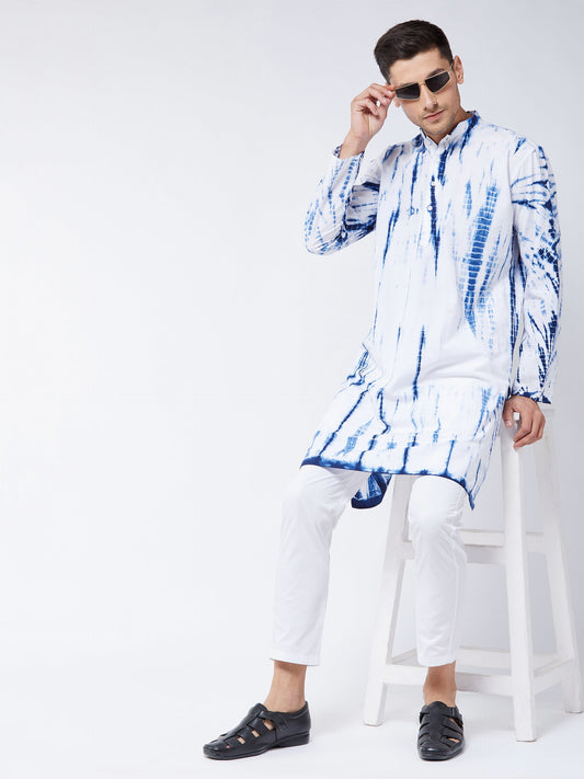 vastramay mens blue and white cotton tie dye kurta and solid pant style cotton pyjama set