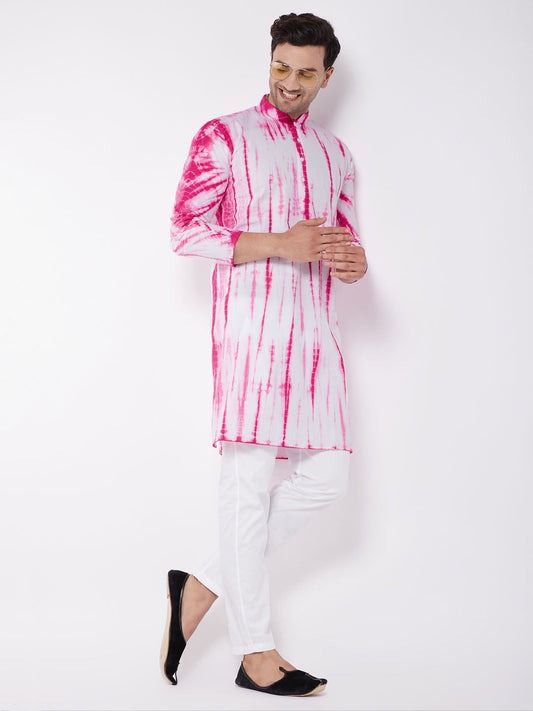 Vastramay Men's Pink And White Cotton Kurta Pyjama Set