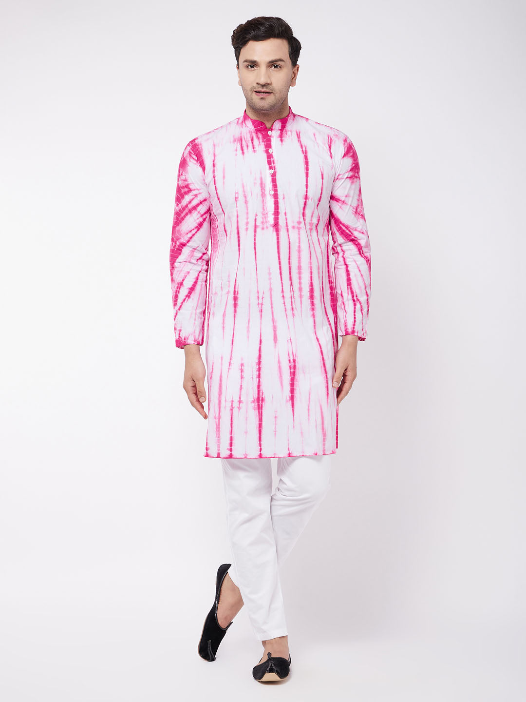 Vastramay mens pink and white color cotton tie dye kurta and solid pant style cotton pyjama set