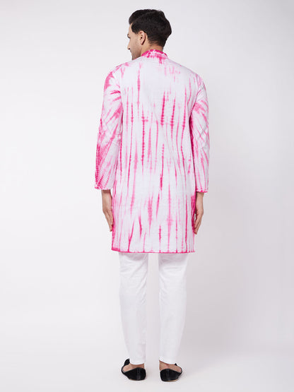 Vastramay mens pink and white color cotton tie dye kurta and solid pant style cotton pyjama set