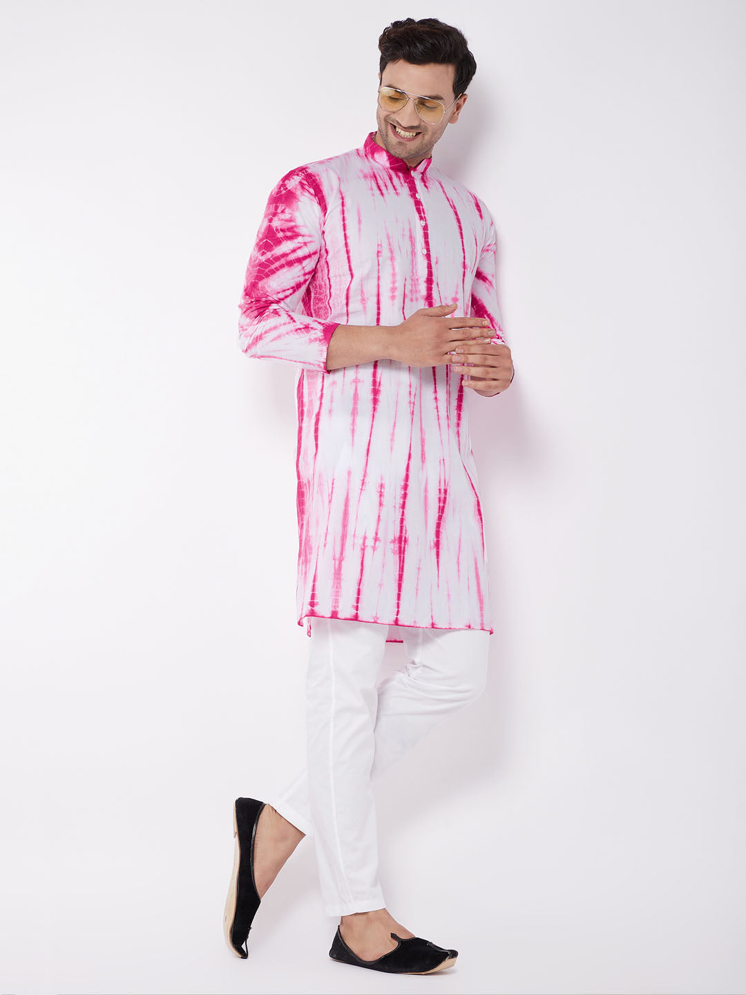 Vastramay mens pink and white color cotton tie dye kurta and solid pant style cotton pyjama set