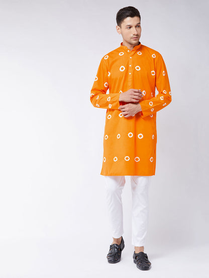 Vastramay mens orange and white bandhni print cotton kurta and pant style cotton pyjama set 1