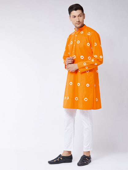 Vastramay mens orange and white bandhni print cotton kurta and pant style cotton pyjama set 1