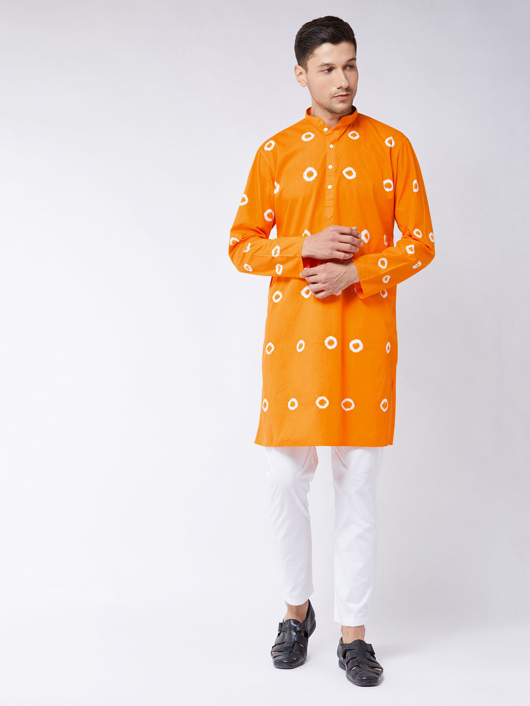 Vastramay mens orange and white bandhni print cotton kurta and pant style cotton pyjama set