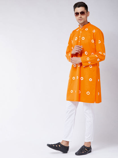 Vastramay mens orange and white bandhni print cotton kurta and pant style cotton pyjama set