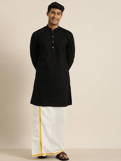 Vastramay Men's Black Cotton Kurta And Mundu Set