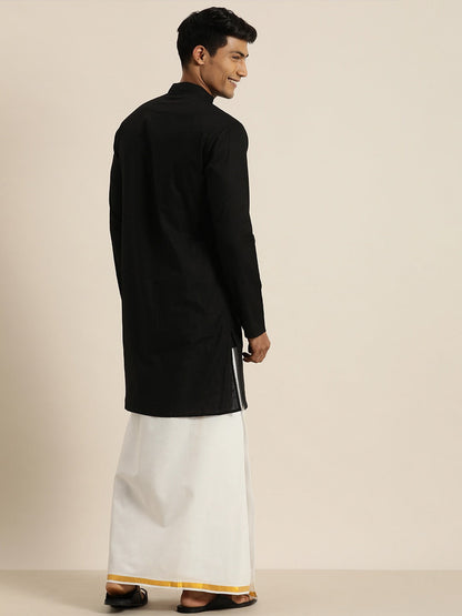 Vastramay Men's Black Cotton Kurta And Mundu Set