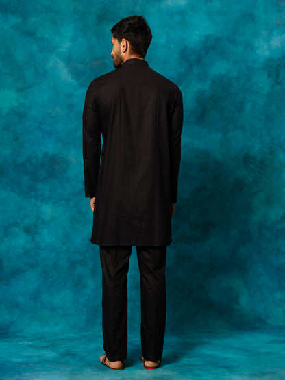 VASTRAMAY Men's Black Cotton Blend Kurta Pyjama Set