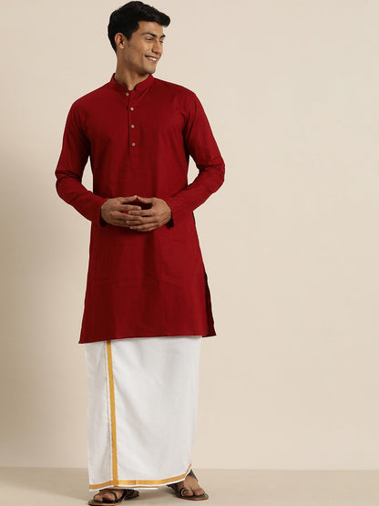 Vastramay Men's Maroon Cotton Kurta And Mundu Set