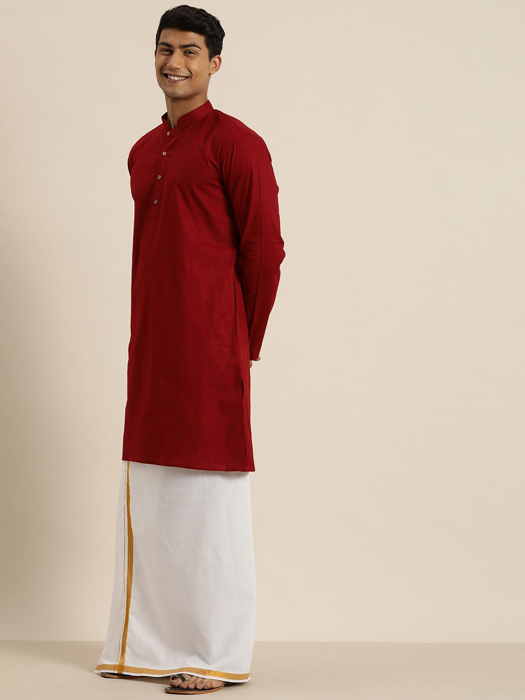 Vastramay Men's Maroon Cotton Kurta And Mundu Set