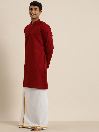 Vastramay Men's Maroon Cotton Kurta And Mundu Set