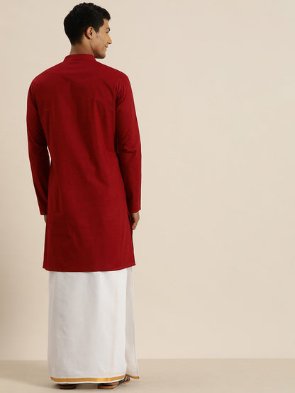 Vastramay Men's Maroon Cotton Kurta And Mundu Set