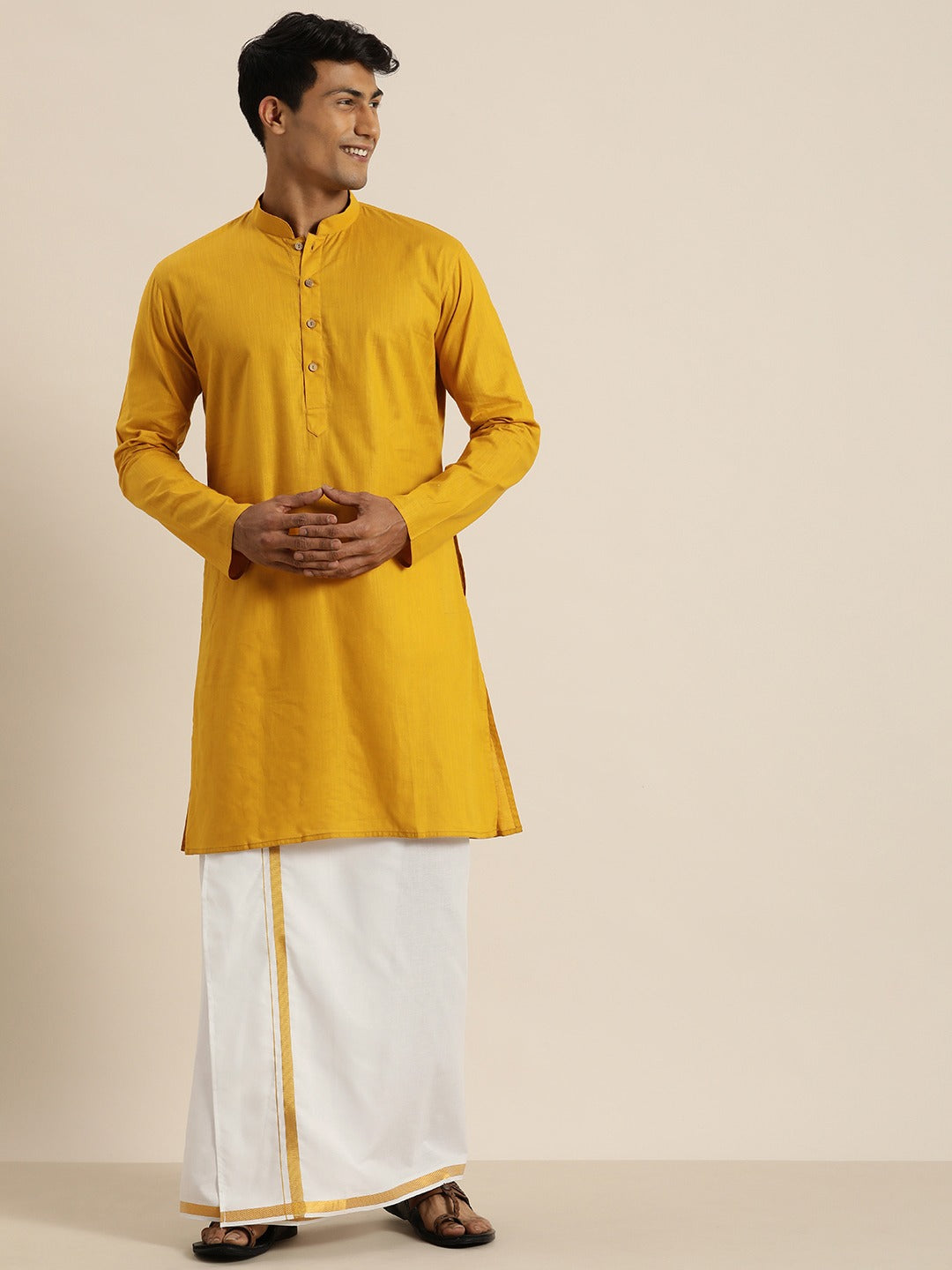 Vastramay Men's Mustard Cotton Kurta And Mundu Set