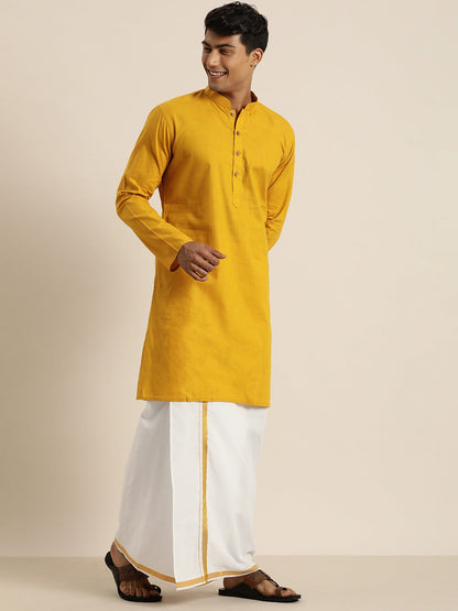 Vastramay Men's Mustard Cotton Kurta And Mundu Set