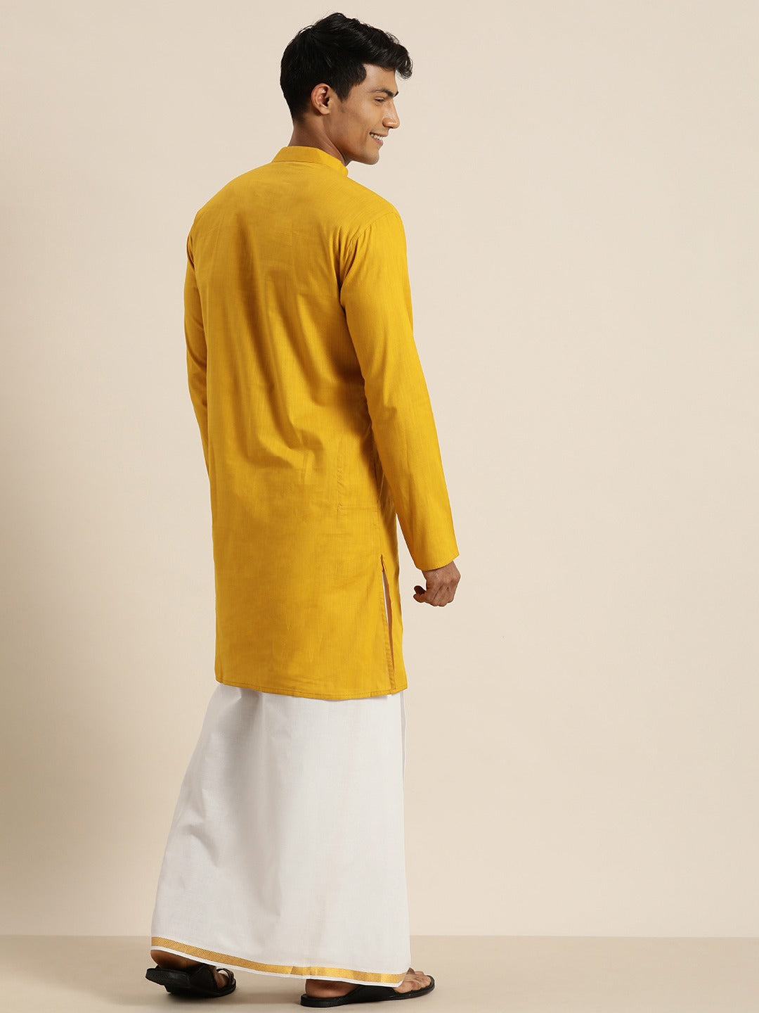 Vastramay Men's Mustard Cotton Kurta And Mundu Set