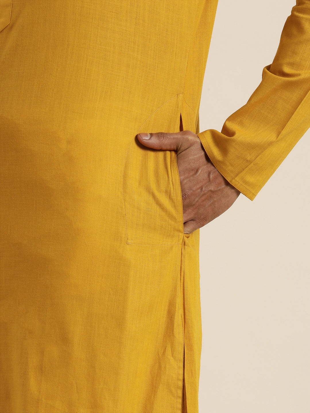 Vastramay Men's Mustard Cotton Kurta And Mundu Set