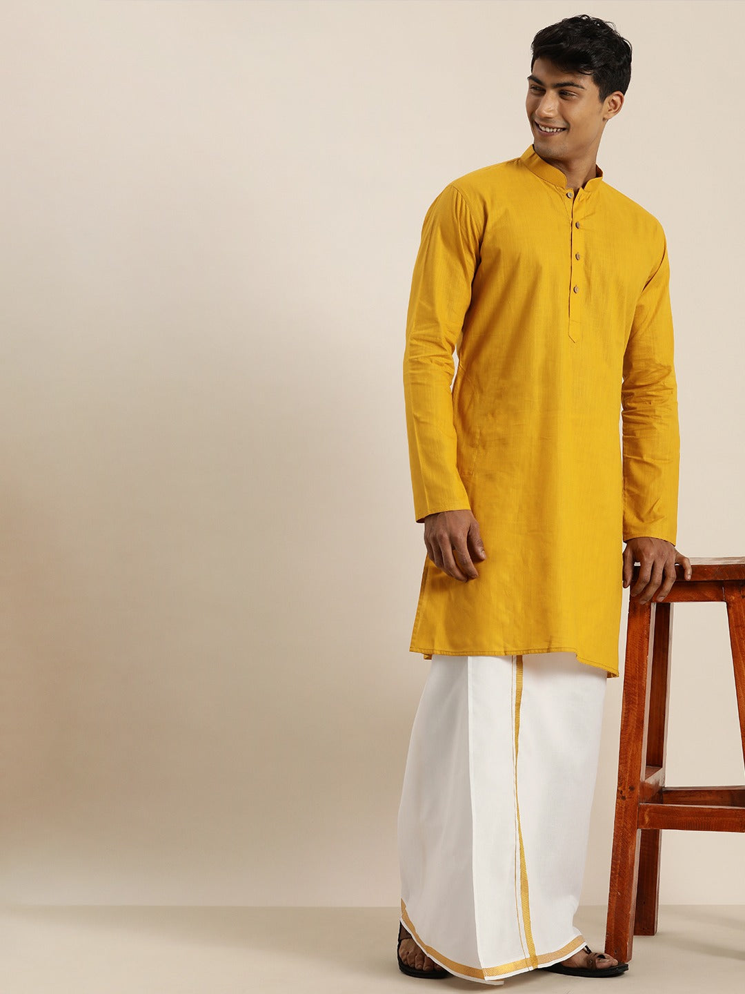 Vastramay Men's Mustard Cotton Kurta And Mundu Set