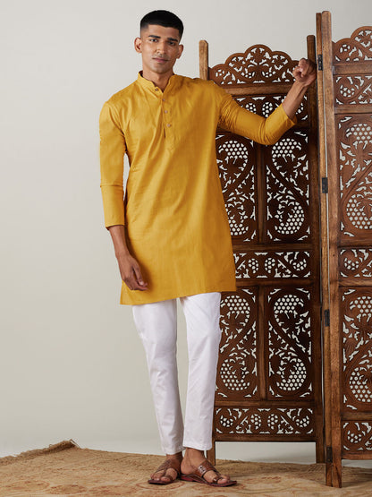 Vastramay mens mustard cotton kurta with white pant set