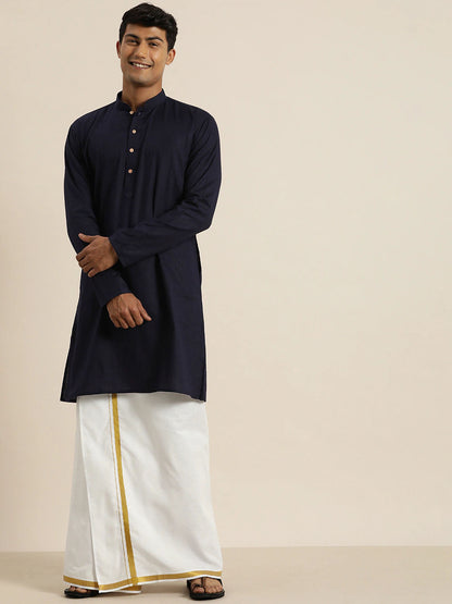 Vastramay Men's Navy Blue Cotton Kurta And Mundu Set