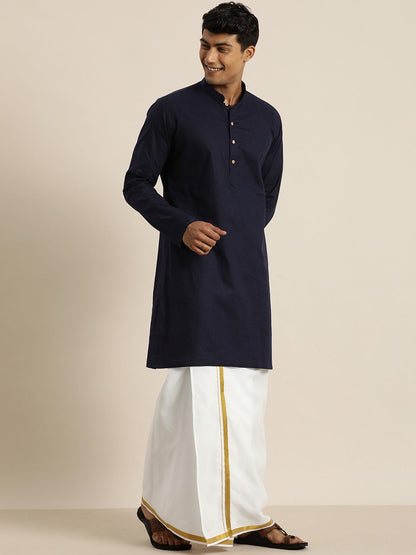 Vastramay Men's Navy Blue Cotton Kurta And Mundu Set