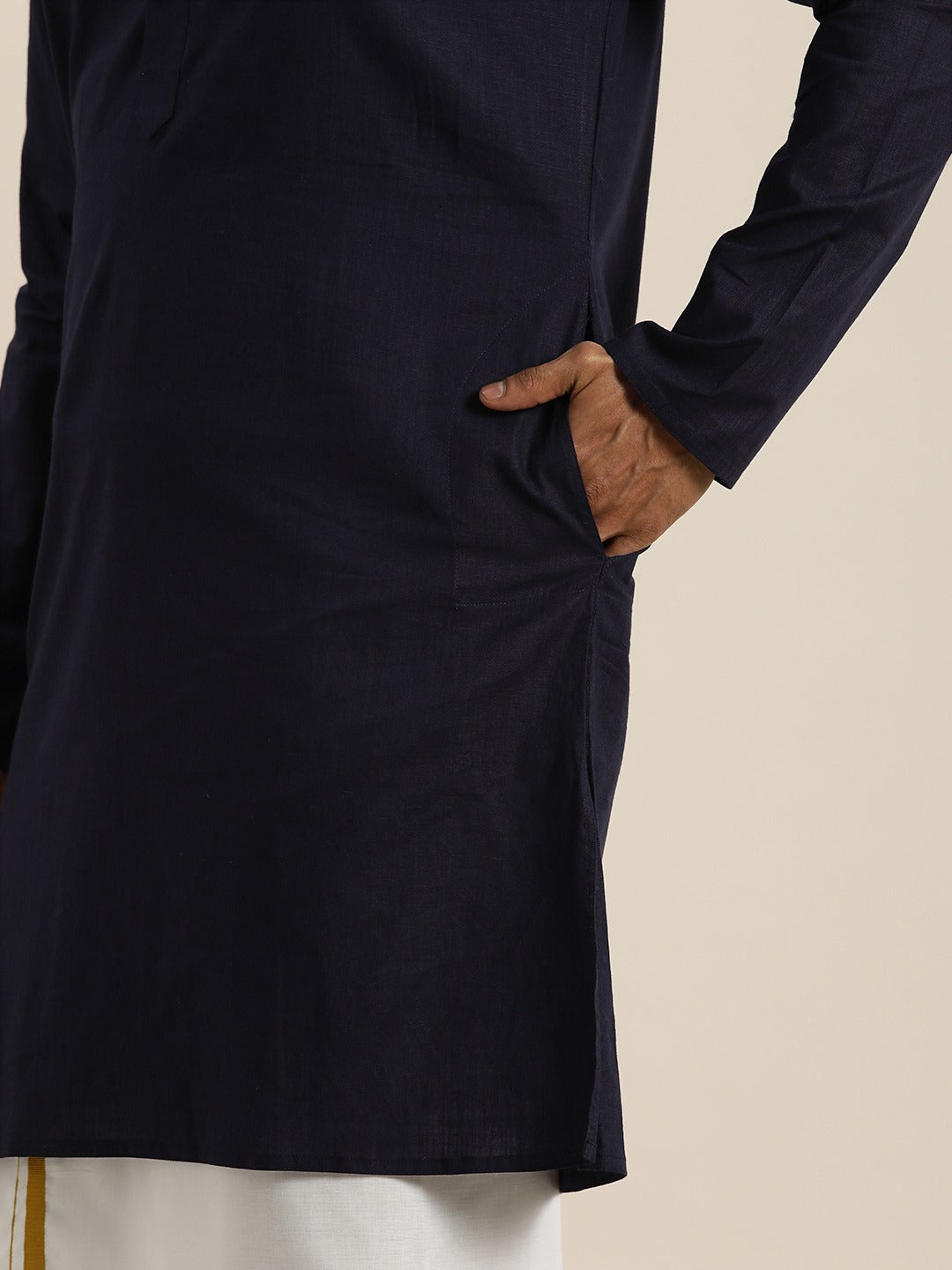 Vastramay Men's Navy Blue Cotton Kurta And Mundu Set