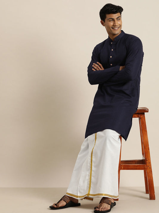 Vastramay Men's Navy Blue Cotton Kurta And Mundu Set