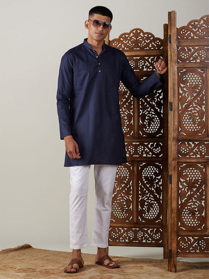 VASTRAMAY Men's Navy Blue Cotton Kurta With White Pant Set