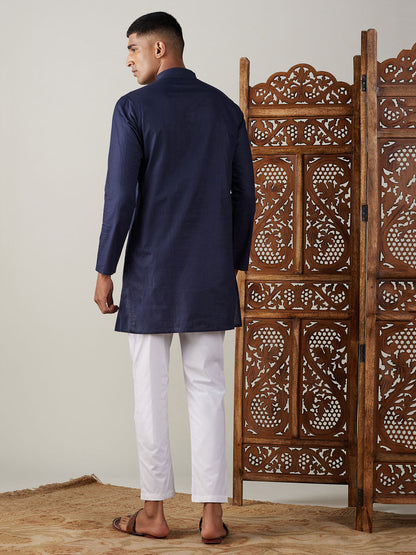 Vastramay mens navy blue cotton kurta with white pant set