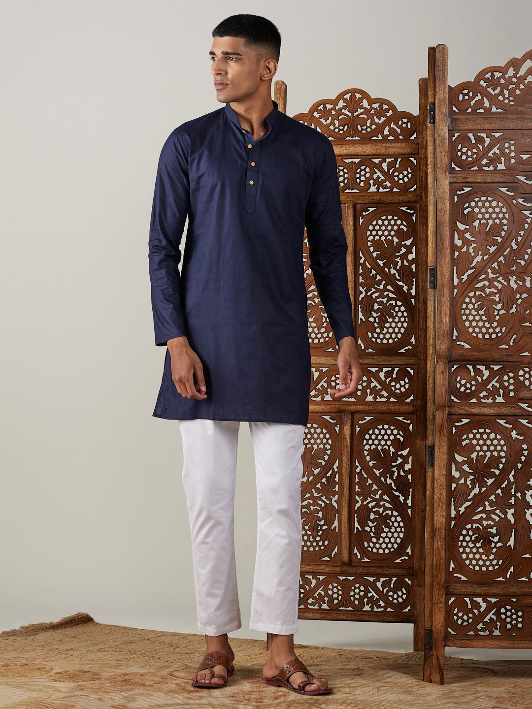 Vastramay mens navy blue cotton kurta with white pant set