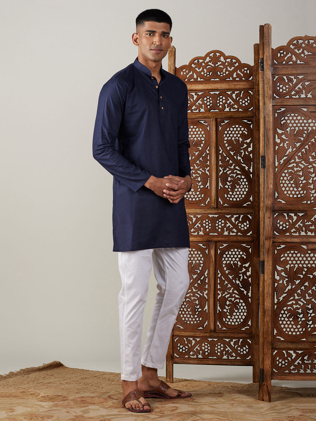 Vastramay mens navy blue cotton kurta with white pant set