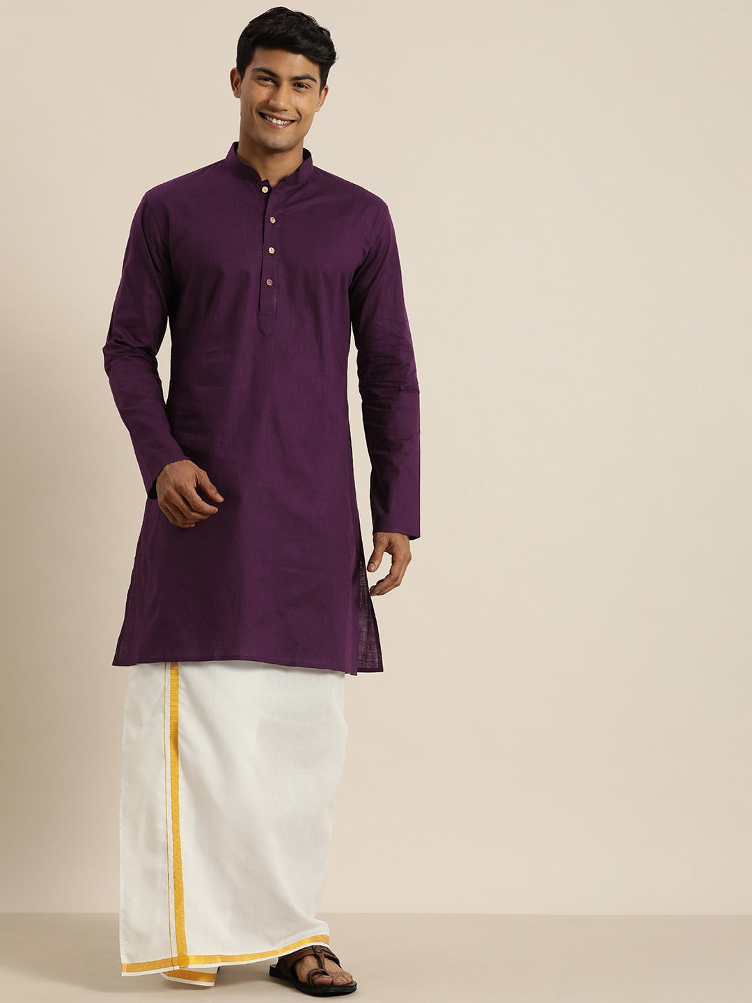 Vastramay Men's Purple Cotton Kurta And Mundu Set