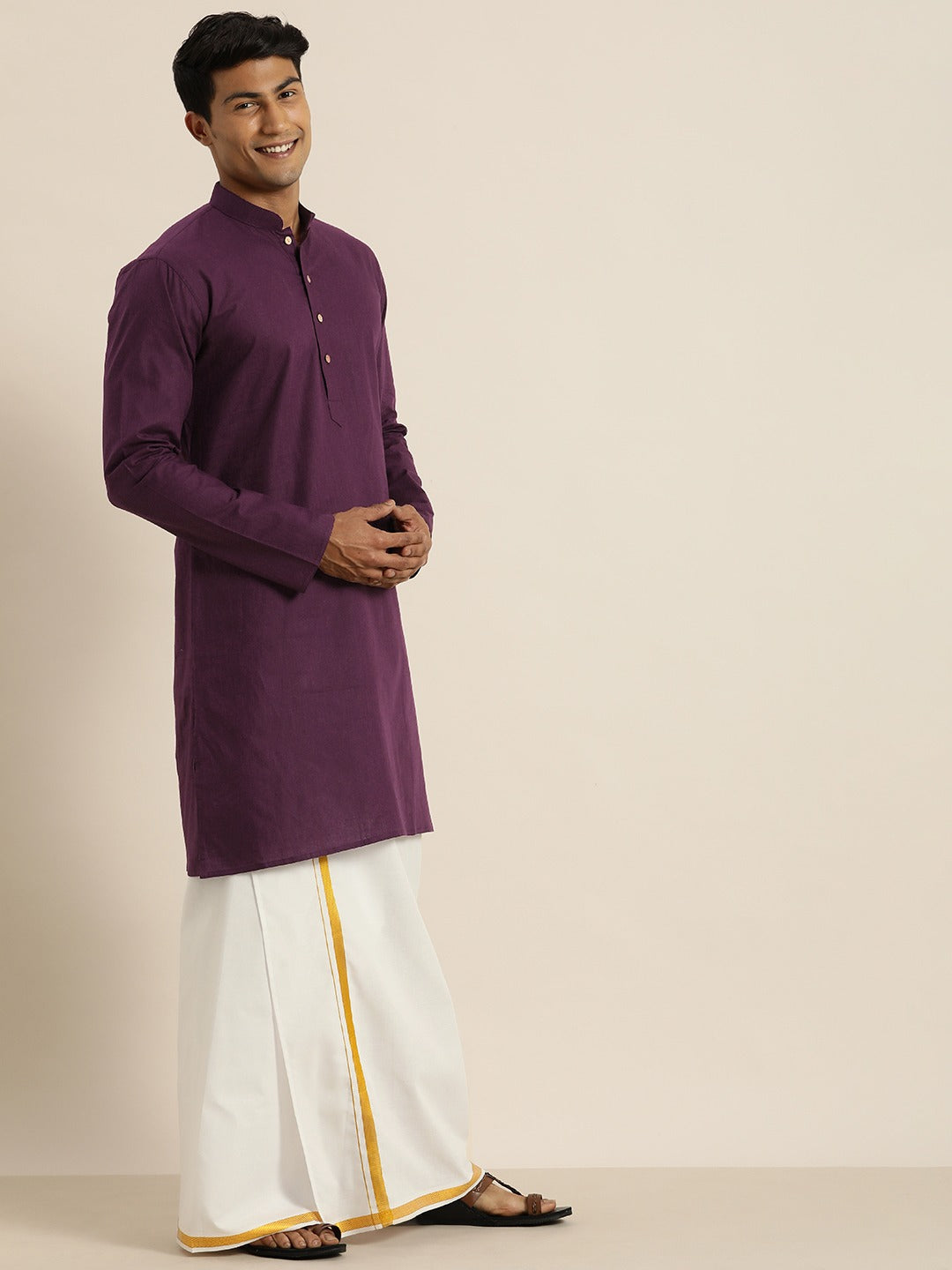 Vastramay Men's Purple Cotton Kurta And Mundu Set