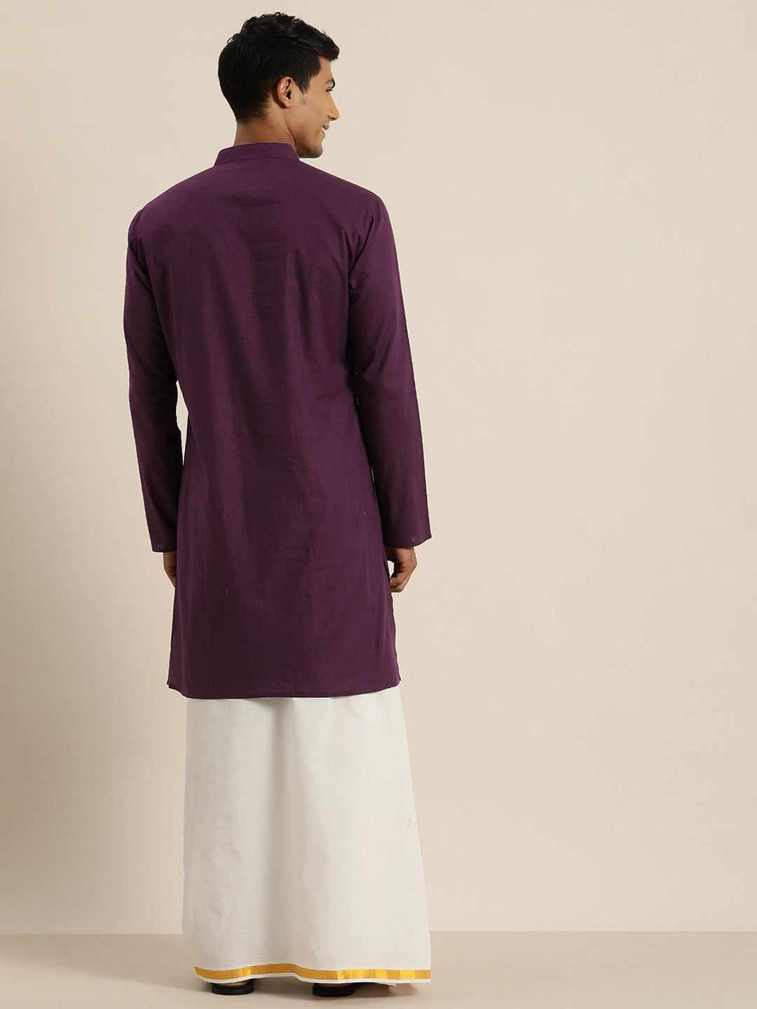 Vastramay Men's Purple Cotton Kurta And Mundu Set