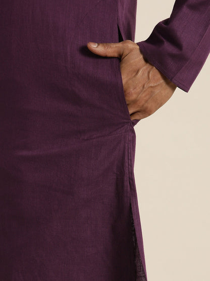 Vastramay Men's Purple Cotton Kurta And Mundu Set