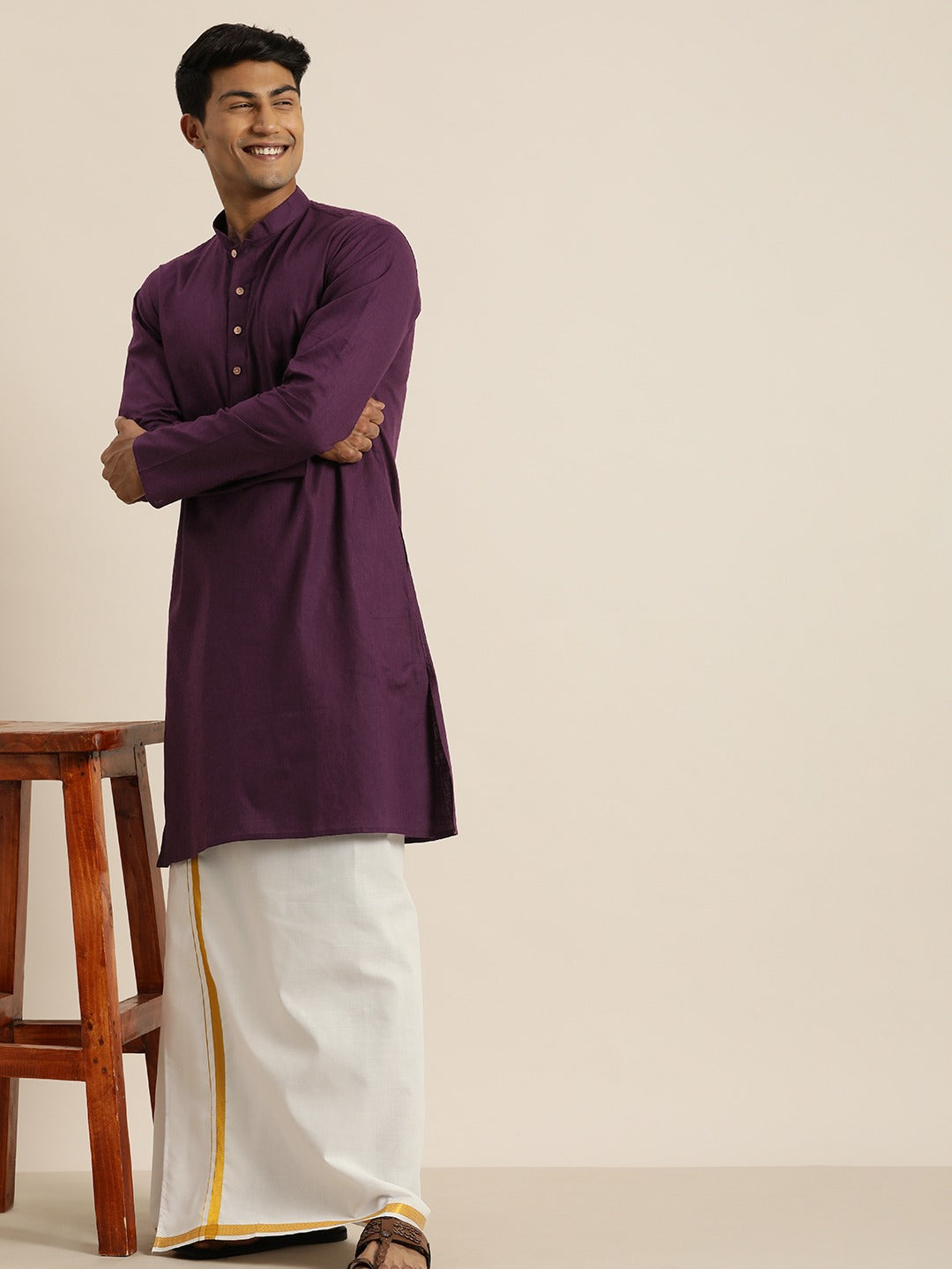 Vastramay Men's Purple Cotton Kurta And Mundu Set