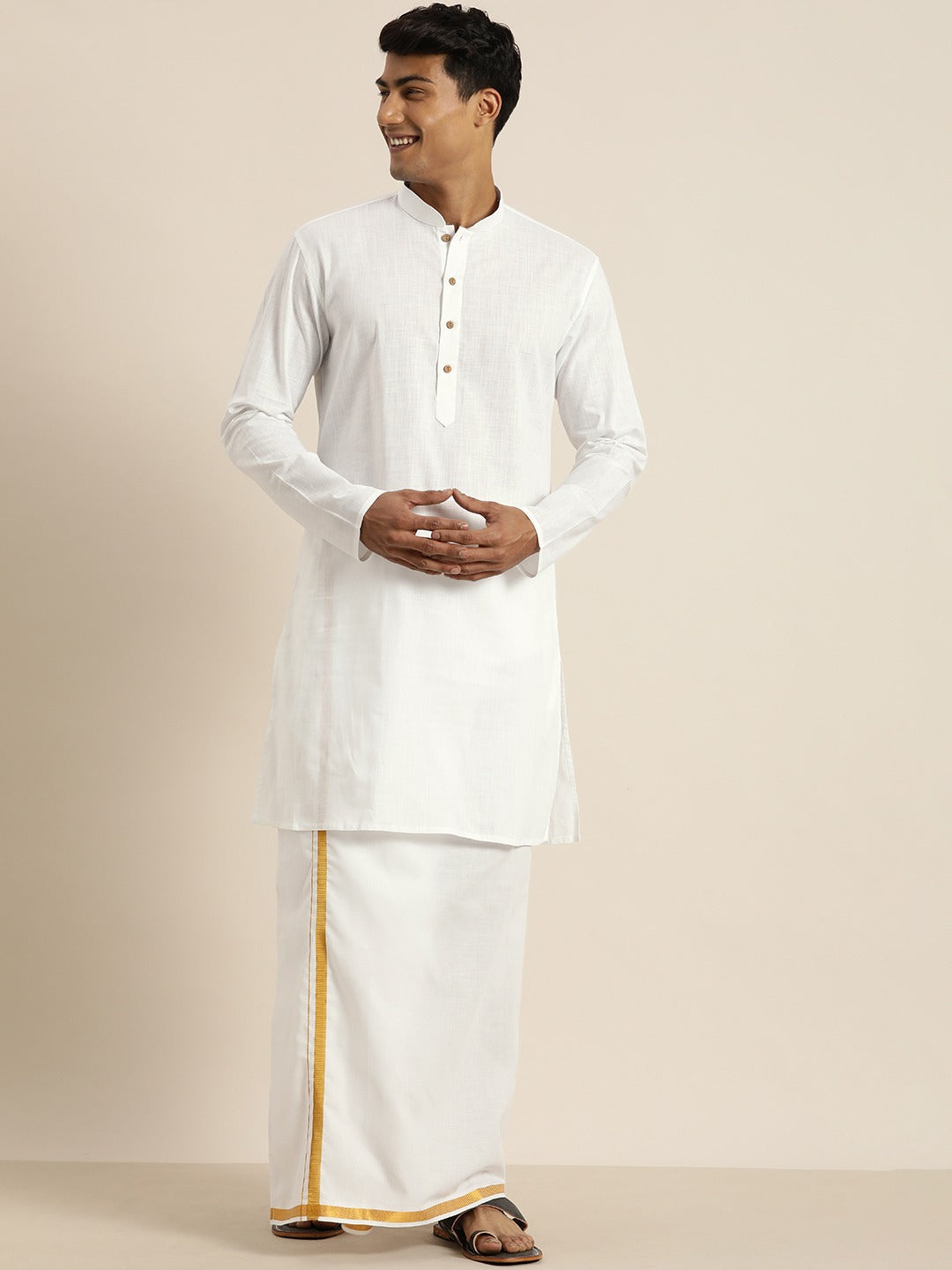 Vastramay Men's White Cotton Kurta And Mundu Set