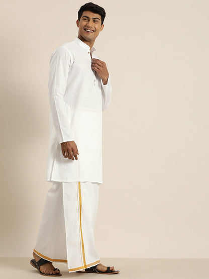 Vastramay Men's White Cotton Kurta And Mundu Set