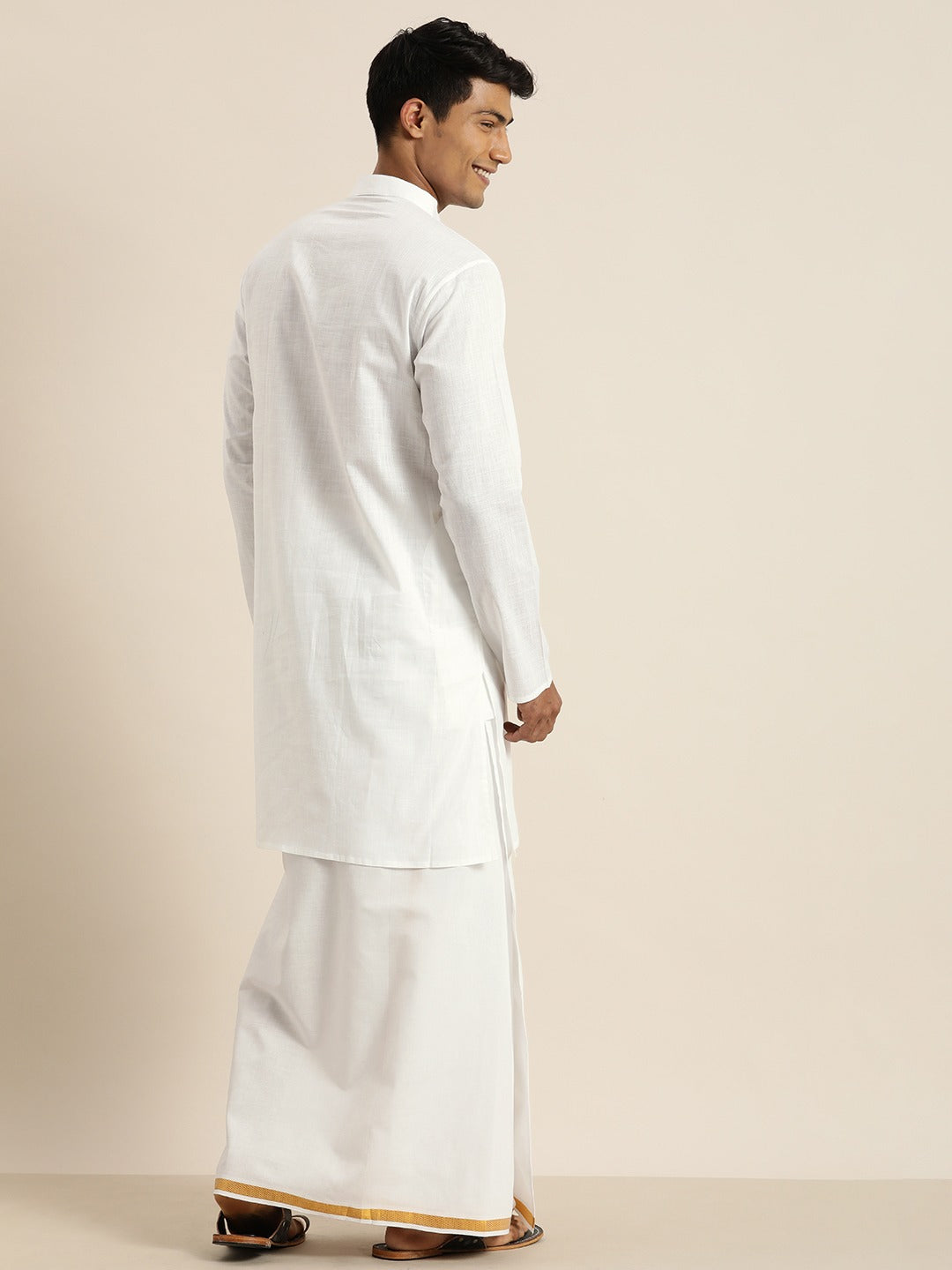 Vastramay Men's White Cotton Kurta And Mundu Set