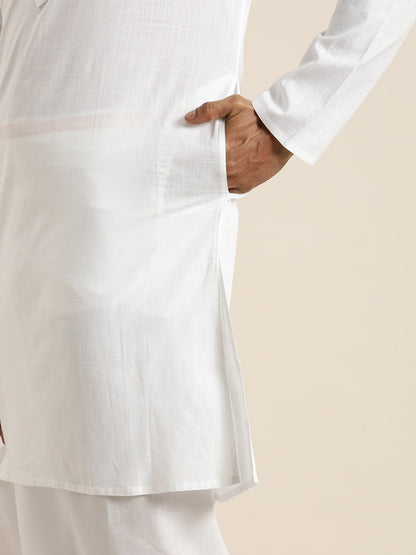 Vastramay Men's White Cotton Kurta And Mundu Set